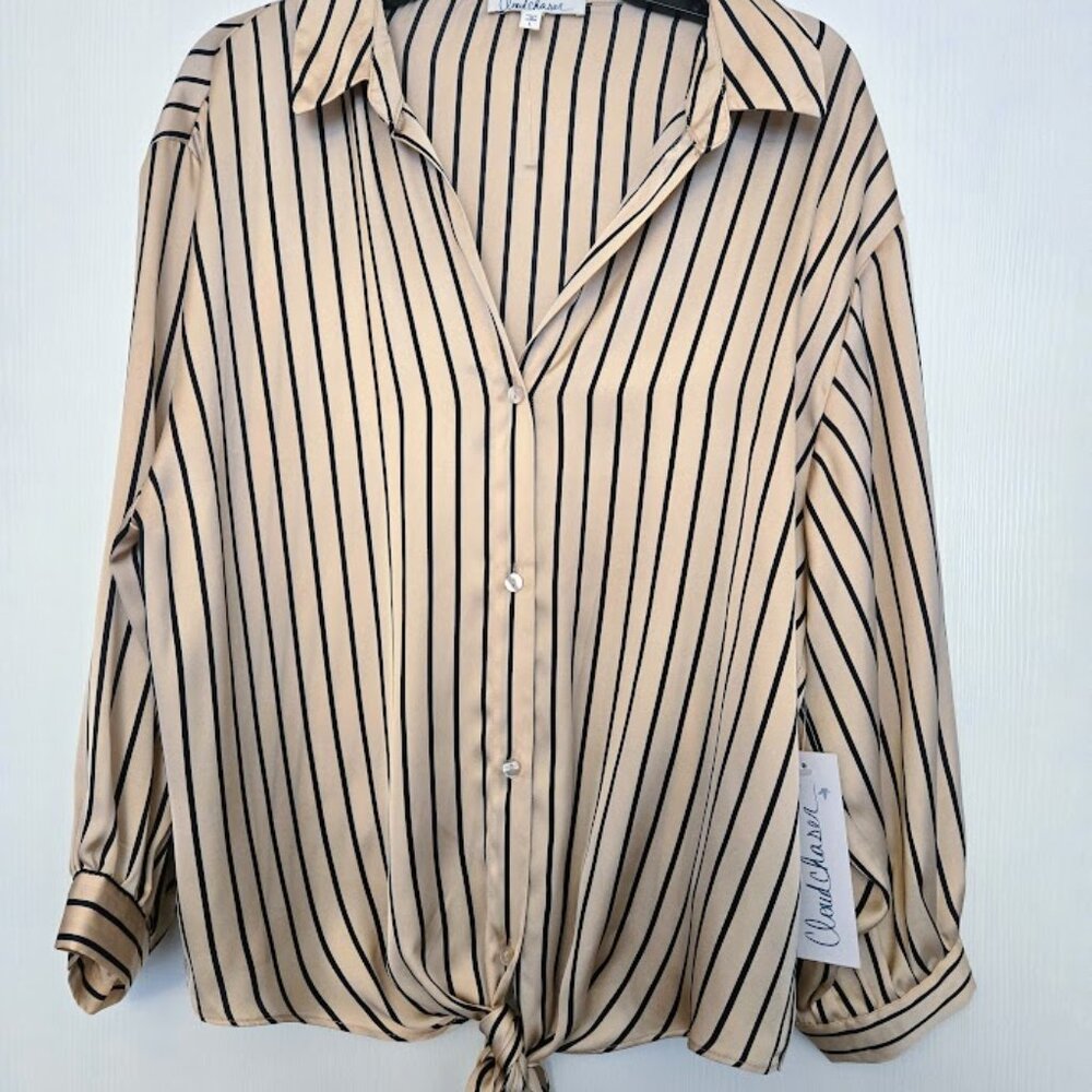 Cloud Chaser striped L/S blouse with front tie Size L NWT‎